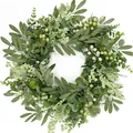 Lifelike artificial eucalyptus and berry wreath for Christmas and home garden wall decor - Mixed Green Leaves Creamy Berry Style (007-9) / 45cm