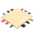 Soft yellow minky dot baby security blanket with colorful sensory ribbons and tags. - Yellow