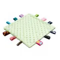Light green minky dot baby security blanket featuring multiple colorful ribbon tags - Green