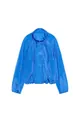 Detail view of vibrant blue pleated nylon jacket with stand-up collar and front zipper. - S / Tops / Electric Blue