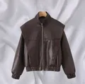 Detailed view of dark brown retro faux leather pilot jacket with silver zipper - S / Tops / Brown 1