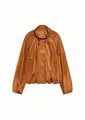 Chic shiny copper nylon windbreaker jacket featuring a stand collar and pleated texture. - S / Tops / Deep Caramel