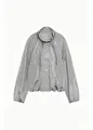 Close-up of lightweight metallic grey stand-collar nylon jacket with pleated texture. - Silver Gray