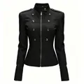 Detailed view of a black women's Napoleon jacket featuring metal buttons and a slim waist - XS / Tops / Black
