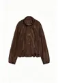 Detail of dark brown long-sleeve nylon jacket with stand collar and ruched design. - Dark Brown