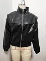 Women's American vintage black faux leather bomber jacket with stand collar design. - S / Tops / Black 2