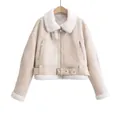 Cream women's shearling-lined aviator jacket with belt detail and faux fur collar - XS / Tops / Off White