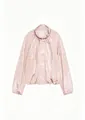 Detailed view of a fashionable pink pleated nylon jacket with a stand collar - Macaron Pink
