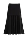 Elegante falda midi plisada negra con cintura alta lisa y silueta evasé muy fluida - S / Bottoms / Negro