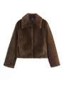 Elegant brown faux fur short jacket with a lapel collar for autumn and winter season - S / Tops / Brown
