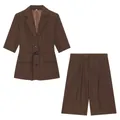 Elegant brown women's suit set with half-sleeve belted blazer and shorts - XS / Top And Bottom / Brown