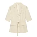 Fashionable cream pinstriped blazer for women featuring five-quarter sleeves and a waist belt - XS / Tops / White