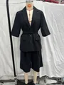 Professional black 3/4 sleeve belted blazer with matching mid-waist shorts suit set - XS / Top And Bottom / Black
