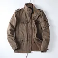 Premium brown heavy cotton military style jacket for men with functional multi-pocket design - M / Tops / Light Coffee