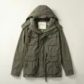 American vintage army green men's cotton hooded jacket with multi-pockets and waist drawstring - 3XL / Tops / Dark Army Green
