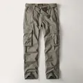 Schwere Herren-Cargohose aus reiner Baumwolle mit Gürtel, locker sitzende Outdoor-Hose - Hell-Armeegrün
