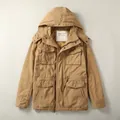 Men's vintage khaki cotton hooded jacket featuring multiple pockets and padded design - 3XL / Tops / Dark Khaki