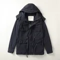 Vintage navy blue men's cotton field jacket with hood and multiple pockets for autumn - 3XL / Tops / Dark Blue