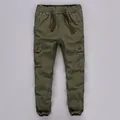 Classic men's army green washed cotton cargo joggers with elastic waistband and side pockets - S / Bottoms / Dark Army Green