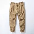 Retro khaki cotton cargo pants for men with multi-pockets and elastic cuffs - Dark Khaki