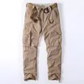 Vintage khaki multi-pocket cotton cargo pants with a loose straight fit and belt - 38 / Bottoms / Light Khaki (368)