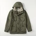 Men's vintage olive green cotton utility jacket with warm sherpa-lined collar and hood - S / Top (022#) / Dark Army Green