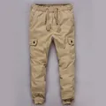 Khaki men's cotton washed cargo joggers with drawstring waist and elastic cuffs - S / Bottoms / Light Khaki