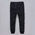 Dark navy men's cotton cargo joggers featuring elastic drawstring waist and side pockets - S / Bottoms / Crane Blue