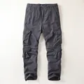 Men's retro charcoal cotton cargo pants with multiple pockets and straight leg design - Dark Gray