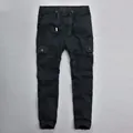 Premium men's black washed cotton cargo jogger pants with elastic drawstring waist - Black