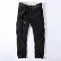 Pantalon cargo noir rétro américain pour hommes avec plusieurs poches et ceinture - Noir (368)