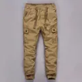 Men's khaki cotton cargo jogger pants with elastic drawstring waist and side pockets - Dark Khaki