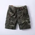 Men's loose fit camouflage cargo shorts with button fly and included woven belt - 38 / Bottoms / Green Camouflage
