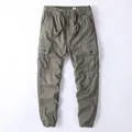 American retro cotton washed men's cargo jogger pants with elastic waist and pockets - Light Army Green