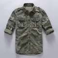 Vintage men's cotton camouflage slim fit long sleeve workwear shirt with pockets - Green Camouflage