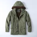 Men's retro army green fleece-lined hooded utility jacket with multiple pockets - S / Tops / Army Green