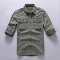 Vintage olive green cotton cargo shirt for men with double chest pockets and epaulettes - S / Tops / Light Army Green