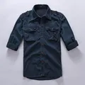 American retro men's slim fit cotton cargo shirt in navy blue with chest pockets - S / Tops / Sapphire Blue