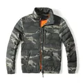 Men's winter camouflage puffer jacket with bright orange lining and stand collar detail - S / Tops / Green Camouflage