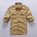 Vintage khaki cotton men's cargo shirt featuring epaulets and double chest pockets - S / Tops / Dark Khaki