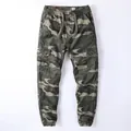 Men's vintage camouflage cotton cargo jogger pants featuring elastic waistband and cuffs - S / Bottoms / Green Camouflage