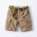 Casual khaki cargo shorts for men featuring a woven belt and classic button fly design - 28 / Bottoms / Light Khaki