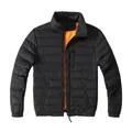 Men's quilted black puffer jacket featuring a vibrant orange lining and stand-up collar - S / Tops / Black