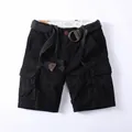 Men's casual loose-fit black cargo shorts with multi-pockets and a woven belt accessory - 38 / Bottoms / Black