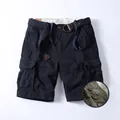 Men's stylish navy blue multi-pocket cargo shorts featuring a matching woven belt and button fly - 28 / Bottoms / Dark Blue