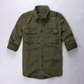 Classic men's retro military green cotton cargo shirt with pockets in slim fit style - Dark Army Green