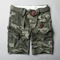 Vintage American style men's camouflage cotton cargo shorts with a matching woven belt - 38 / Bottoms / Green Camouflage