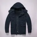 Men's navy blue vintage military hooded jacket with functional multi-pockets design - S / Tops / Crane Blue