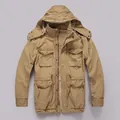 Vintage khaki hooded cargo jacket for men featuring multiple functional utility pockets - Khaki