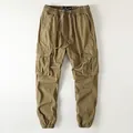 Men's vintage olive cargo jogger pants with multi-pockets and drawstring waist - Dark Khaki